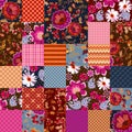 Seamless patchwork pattern with beautiful floral ornaments in folk style. Print for fabric. Vector design Royalty Free Stock Photo