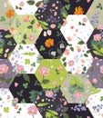 Seamless patchwork pattern with beautiful summer flowers and leaves. Quilt design