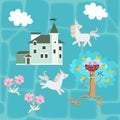 Seamless patchwork pattern with Castle, unicorns, magic apple tree and white clouds. Pattern for baby