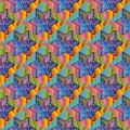 Seamless patchwork pattern with colorful stars on bright waves background