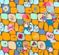 Seamless patchwork pattern with cute cartoon raccoons, hearts, umbrellas, butterlies and flowers. Beautiful vector design Royalty Free Stock Photo
