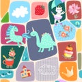 Seamless patchwork pattern with cute dino, pony, kitten, castle, clouds, crown, birds, butterfly,trees, cup of tea and flowers