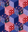 Seamless patchwork pattern from different cubes - with flowers, jeans and pink fabrics