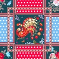 Seamless patchwork pattern with fairy peacock, bouquets of roses and cosmos flowers, polka dot background and ornamental frames.