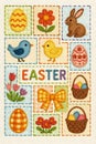 set of easter elements in embroidered design, fluffy, easter eggs and spring flowers, seamless patchwork pattern, graphic illustra Royalty Free Stock Photo