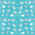 Seamless patchwork pattern with funny unicorns and caticorns, white clouds, gentle pink flowers, autumn trees and fairytale castle