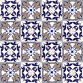 Seamless patchwork pattern from Moroccan ,Portuguese tiles in blue and brown colors. Decorative ornament can be used for wallpaper
