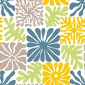 Seamless patchwork pattern with retro groovy flowers and leaves. Summer simple abstract design in naive art style Royalty Free Stock Photo