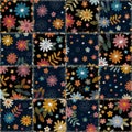 Seamless patchwork pattern from stitched square snippets with floral ornaments. Textile print