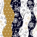 Seamless patchwork pattern from wavy patches with floral and polka dot ornaments. Vector design Royalty Free Stock Photo