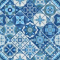 Seamless patchwork tile in blue, gray and green colors. Vintage ceramic tiles vector illustration. Floor seamless design Royalty Free Stock Photo