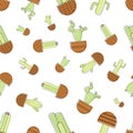 Seamless patern with cactuses. Vector desert background. Wallpaper with house cactuses in pot
