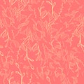 Seamless pattern of golden leaves line style on a pink background