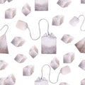 Seamless patern with tea bags watercolor illustration. Hand drawn isolated on white background.