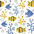 Seamless patten border with cartoon animals of the underwater world. Fish, sea, seaweed, ocean for the design of children`s Royalty Free Stock Photo