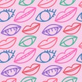 Seamless patten with eyes and lips, outline eye and lips vector background, colorful wallpaper