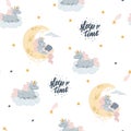 Vector cute unicorn sleeping at cloud in hat