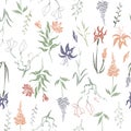 Seamless patterm based on color hand painted ink leaves, flowers and herbs with magnolia and iris.