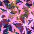 Seamless patterm with painted abstract flowers in impressionism style with oil texture in bright colorful purple tones