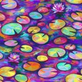 Seamless patterm with painted waterlilies in impressionism style with oil texture in bright colorful tones. Texture for