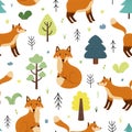 Cute fox seamless pattern. Funny woodland character in cartoon style background