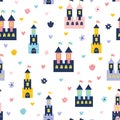 Fairytale castles seamless pattern. Magic kingdom background for kids in cartoon style