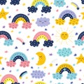 Cute seamless pattern with rainbow, sun and moon. Colorful background for kids Royalty Free Stock Photo