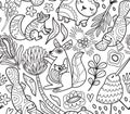 Seamless pattern with abstract Australian animals, flowers and leaves. Vector linear