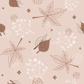 Seamless pattern of abstract autumn elements, geometric shapes, plants and leaves in one line style. For mobile app page