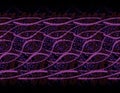 Seamless pattern, abstract background. Overlay of horizontal violet curved lines. Dark. Small blue circles on top.