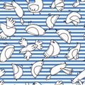 Seamless pattern with abstract birds on striped background. Simple line design. Funny seagulls in the marine style Royalty Free Stock Photo
