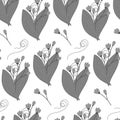 Seamless pattern of abstract bouquets of flowering twigs, spathiphyllum leaves and curled branch