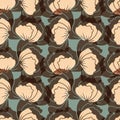 Seamless pattern with abstract brown retro poppy flowers on blue background