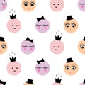 Seamless pattern with abstract cartoon funny female faces with hat, crown, bow on white background.