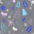 Seamless pattern with abstract Christmas trees, gifts, snowflakes, bows and balls. Pattern idea for Christmas wrappers Royalty Free Stock Photo