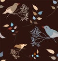 Seamless pattern with abstract colorful birds, branch, leafs on brown background