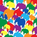 Seamless pattern of abstract colorful elephant silhouettes on white background. Cartoon vector illustration