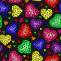 Seamless illustration with abstract cracked hearts, bright colored hearts on dark background