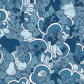 Seamless pattern with abstract curls, fruits and berries in blue