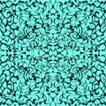 Seamless pattern of abstract dark elements on an emerald background for textiles.