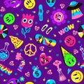 Seamless pattern with abstract designs. Acid colours crazy trippy icons and phrases. Hippy sign, retro style background