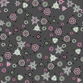 Seamless pattern with abstract elements on gray background. Geometrical and manual details are scattered randomly. For