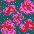 Seamless pattern of abstract elements resembling flowers. Pink and red shapes.