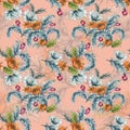 Seamless pattern with abstract fantasy Tulips lflowers and leaves western style Paisley or Damask jacobean Watercolor Gouache