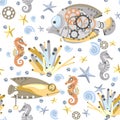 Seamless pattern of abstract fish, sea horses, starfish, shell, seaweed, wheels and nails. Fantastic mechanical metal sea Royalty Free Stock Photo