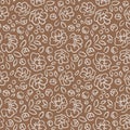 Seamless pattern with abstract flowers, buds and leaves silhouette. Brown background with blossoming outline flowers.