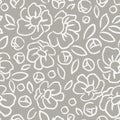 Seamless pattern with abstract flowers, buds and leaves silhouette. Gray background with blossoming flowers.