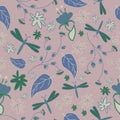 Seamless pattern with abstract flowers and dragonflies Royalty Free Stock Photo