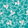 Seamless pattern with pretty flowers and bows on blue
