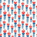 Seamless pattern with abstract flowers-hearts. Drawing in folklore style. Royalty Free Stock Photo